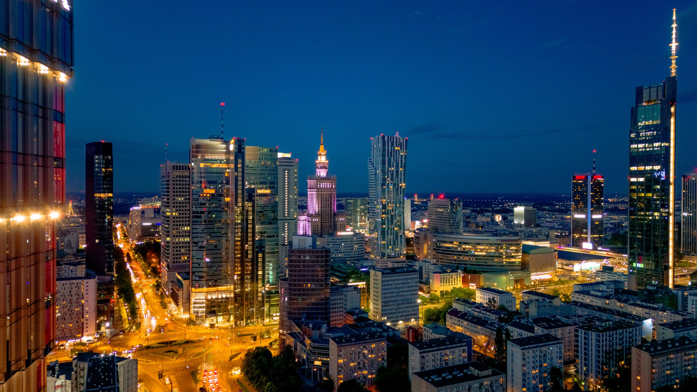 aerial view of warsaw in the evening in spring in poland